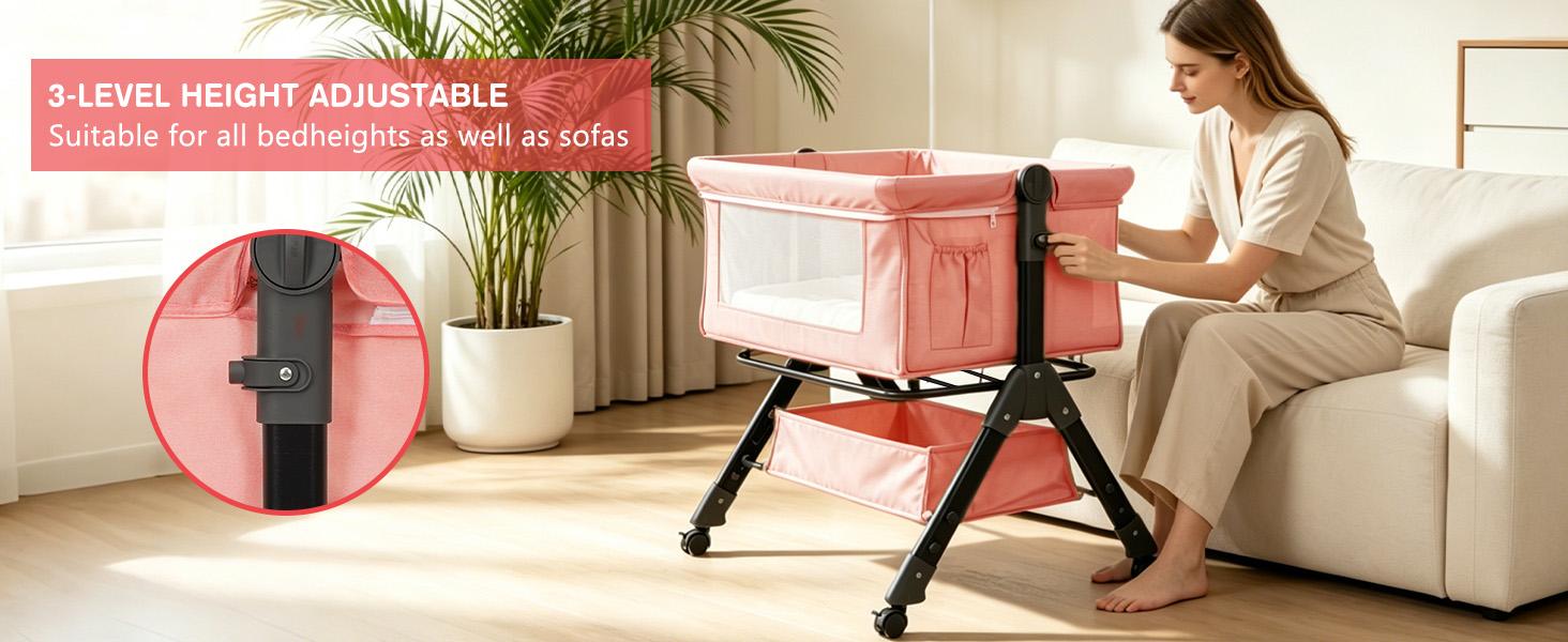 Baby Bassinet Crib, Crib for Infant&Newborn, Bedside Sleeper with Storage Basket and Mosquito Net, Easy to Fold, Height Adjustable, Portable Side Bed Crib