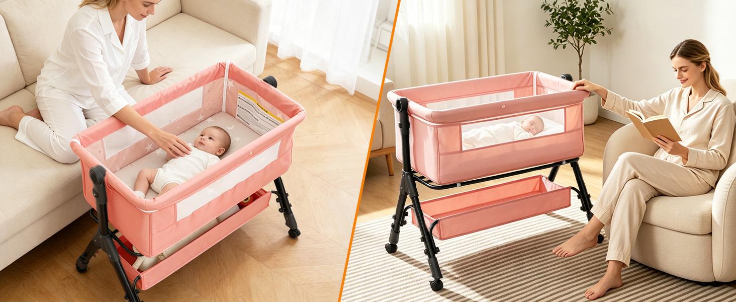 Baby Bassinet Crib, Crib for Infant&Newborn, Bedside Sleeper with Storage Basket and Mosquito Net, Easy to Fold, Height Adjustable, Portable Side Bed Crib
