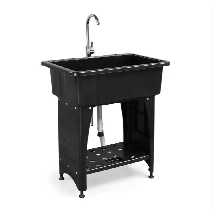 Fregadero / Lavabo multiusos de 24" (prof.) x 40" (ancho) x 36" (alto) (Incluye grifo, estante y patas de plástico/metal) — Ideal para lavaderos, garajes y cuartos de servicio; cuenta con un escurridor integrado y un estante de almacenamiento extraíble.