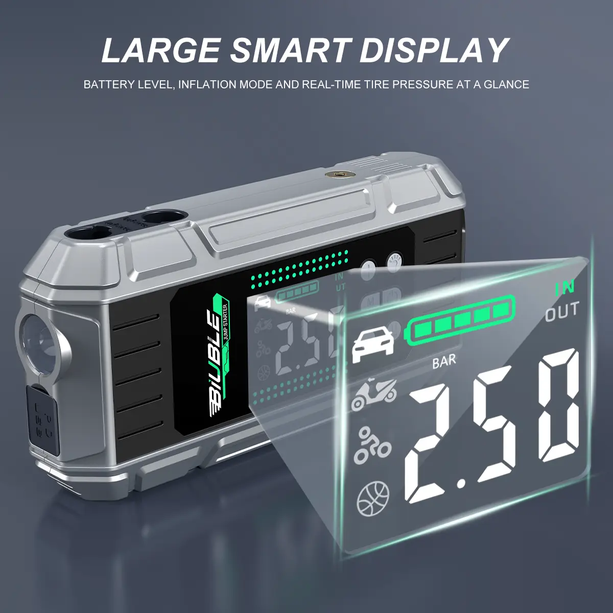 Arrancador de coches portátil de 10000A con compresor de aire, soplador, batería externa (Power Bank) de carga rápida PD de 65W para portátiles, inflador de neumáticos de 150 PSI y kit de arranque para baterías de coche.