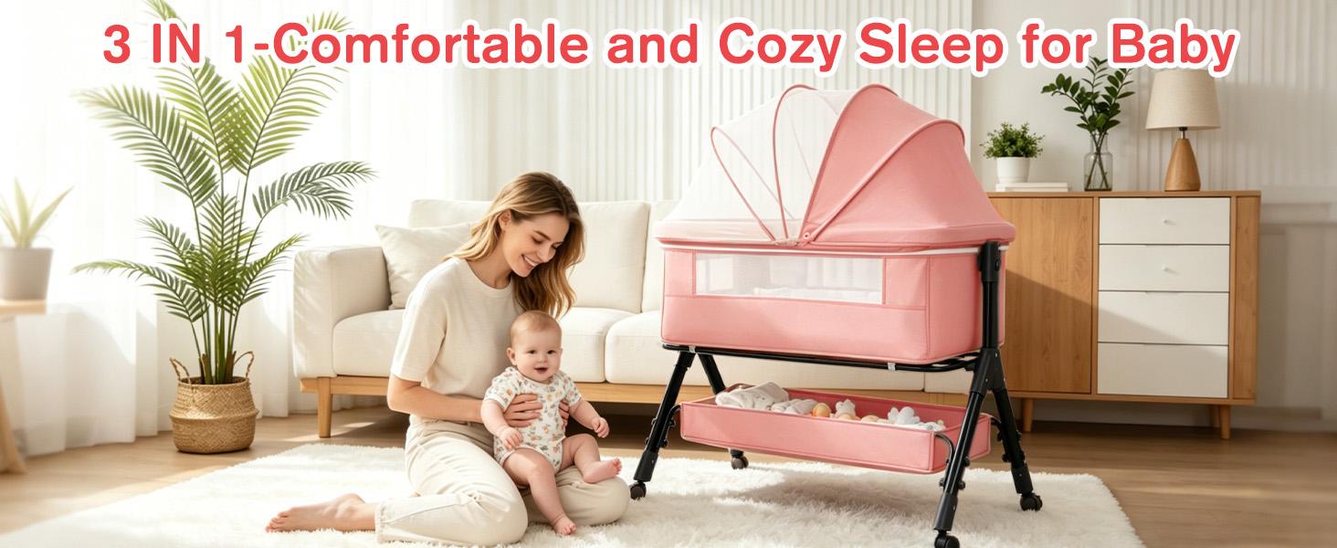 Baby Bassinet Crib, Crib for Infant&Newborn, Bedside Sleeper with Storage Basket and Mosquito Net, Easy to Fold, Height Adjustable, Portable Side Bed Crib
