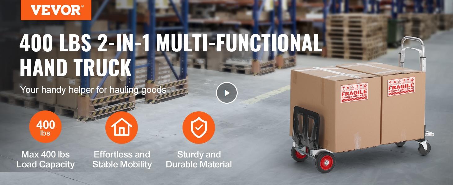 【fathersdaygift】VEVOR Aluminum Folding Hand Truck - 2-in-1 Portable Collapsible System800 lbs Heavy Duty Industrial On Wheels TrolliesWheel Powered Transport Trolley for WarehouseGarden