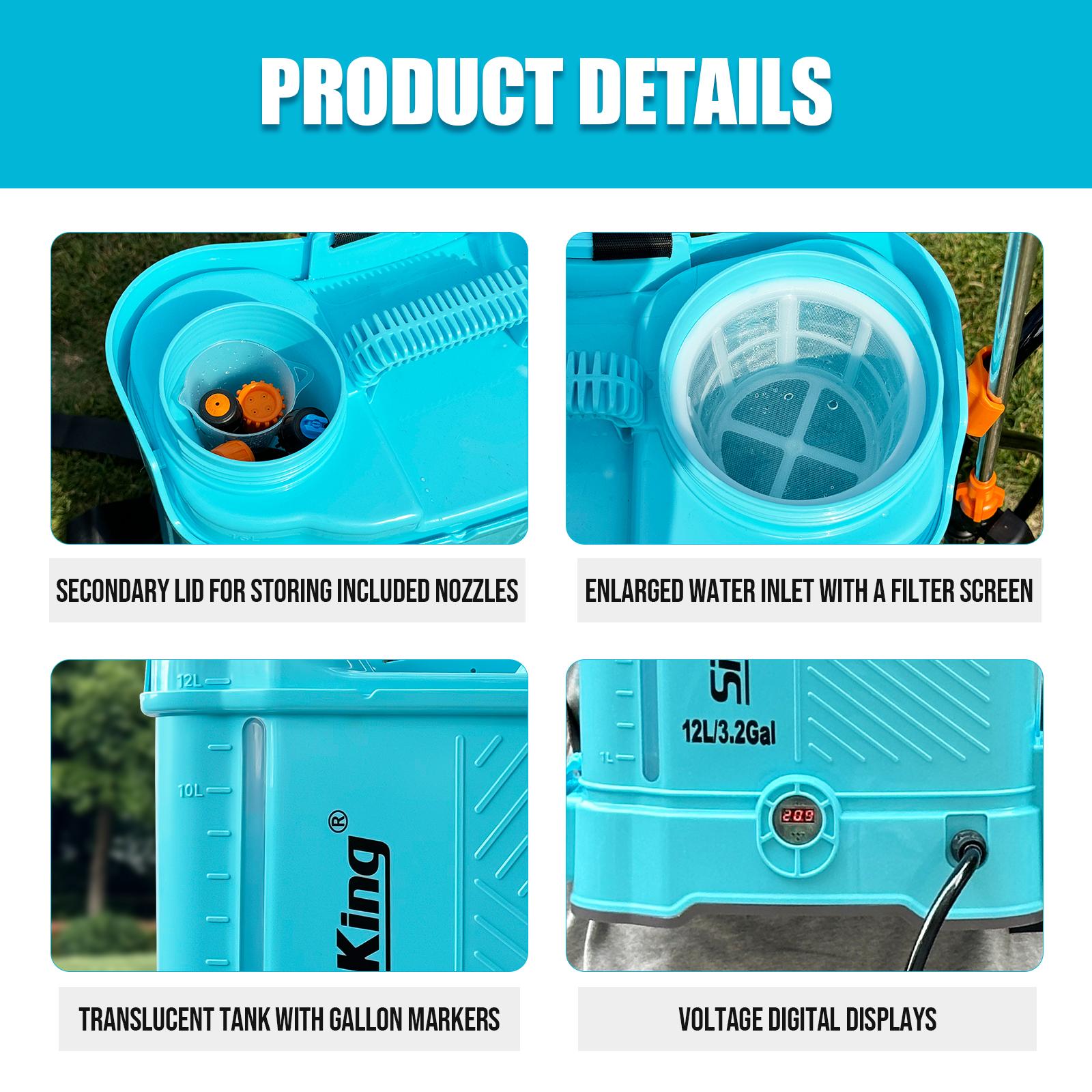 SideKing Portable 3.2 Gal High-Pressure Electric Backpack Garden Sprayer, 80 PSI Battery-Powered Tool with 2.0 Ah Battery & Charger, Telescopic Wand, 5 Nozzles for Outdoor Gardening