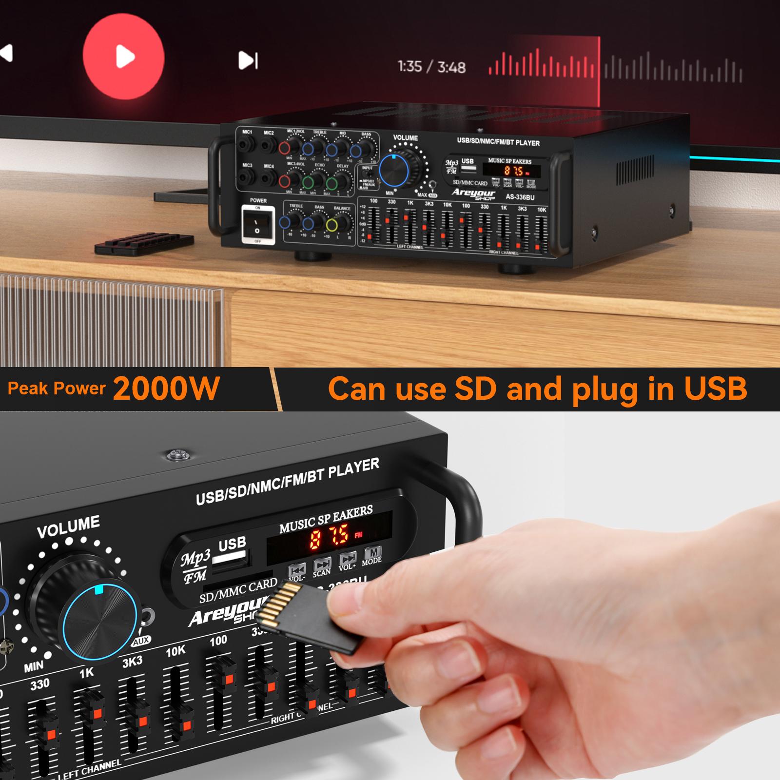 2000W(Peak) Bluetooth 5.0 HiFi Stereo Power Amplifier with Remote Control & 4 Mic Inputs For Home Car Mixer Radio Subwoofer Smartphone Audio Universal Karaoke FM USB SD AUX,