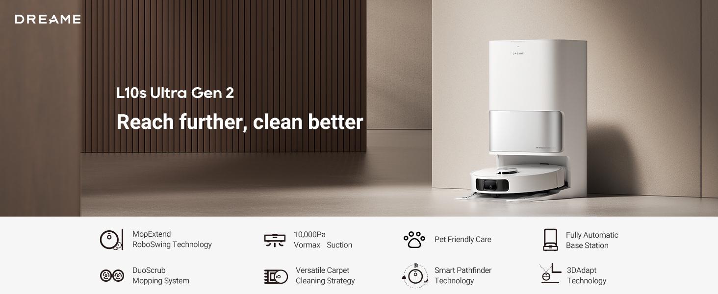 【New Arrivals】DREAME L10s Ultra Gen 2 Robot Vacuum and Mop, 10,000Pa Suction, MopExtend Tech, All-in-One Base Station, 75 Days Auto-Empty, Mop Self-Washing&Drying, Smart Obstacle Avoidance, Carpet Cleaning