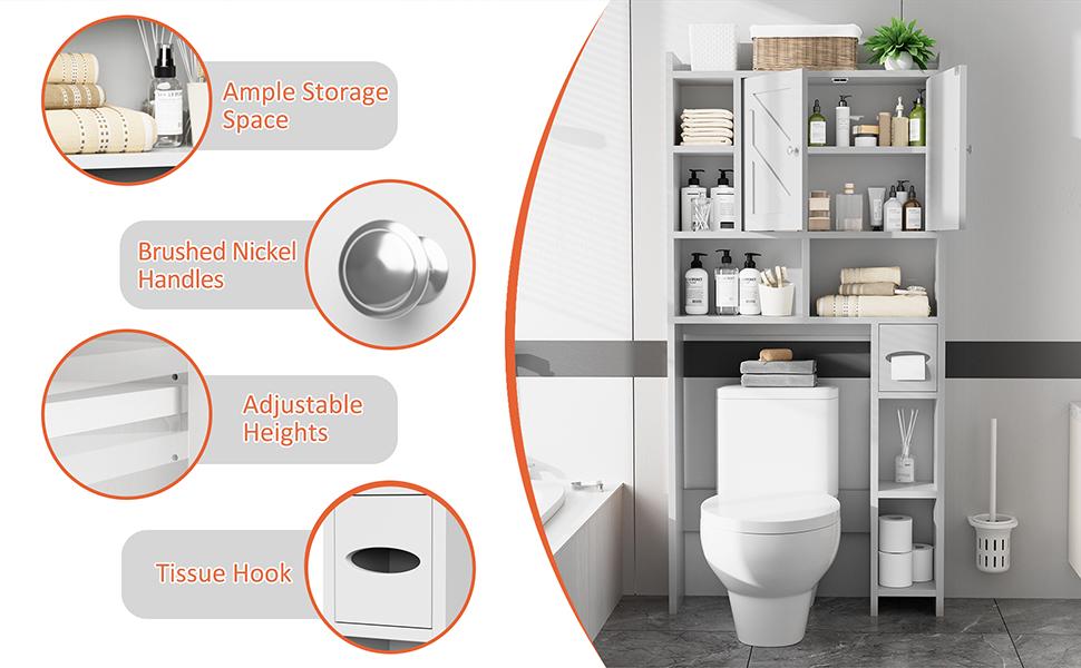 Walsunny Over The Toilet Storage Cabinet, Farmhouse Storage Cabinet with 2 Barn Door & Toilet Paper Holder Stand, Toilet Rack for Bathroom, Laundry Furniture Organizer