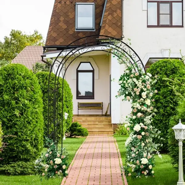 Pérgola de arco de hierro forjado, soporte para plantas trepadoras de patio, decoración para ceremonias de bodas al aire libre — Ideal para la entrada de patios, jardines, parques y porches.