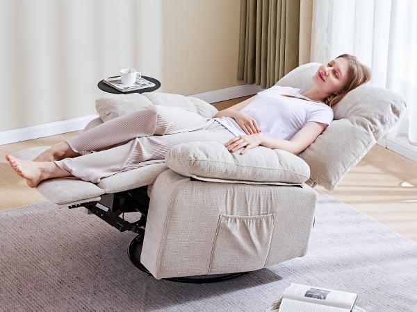 Rocker Recliner Chair, Swivel Recliner with Vibration Massage & Lumbar Heating, 270&deg; Rotating Chenille Fabric Recliner with footrest for Living Room & Bedroom