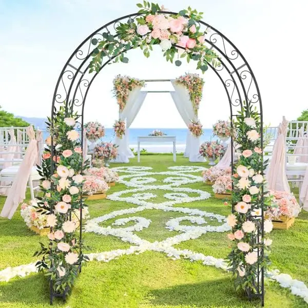 Pérgola de arco de hierro forjado, soporte para plantas trepadoras de patio, decoración para ceremonias de bodas al aire libre — Ideal para la entrada de patios, jardines, parques y porches.