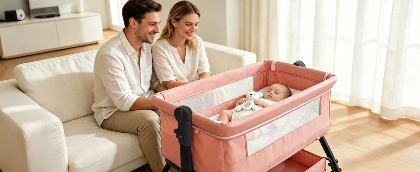 Baby Bassinet Crib, Crib for Infant&Newborn, Bedside Sleeper with Storage Basket and Mosquito Net, Easy to Fold, Height Adjustable, Portable Side Bed Crib