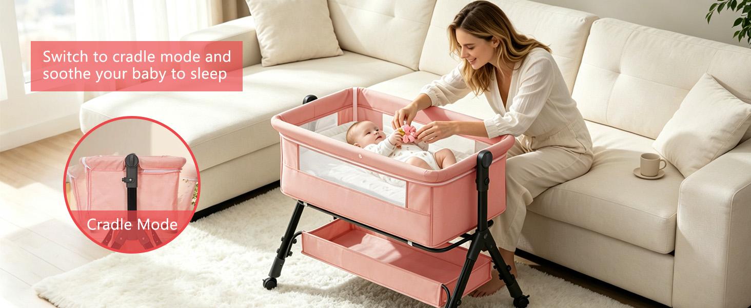 Baby Bassinet Crib, Crib for Infant&Newborn, Bedside Sleeper with Storage Basket and Mosquito Net, Easy to Fold, Height Adjustable, Portable Side Bed Crib