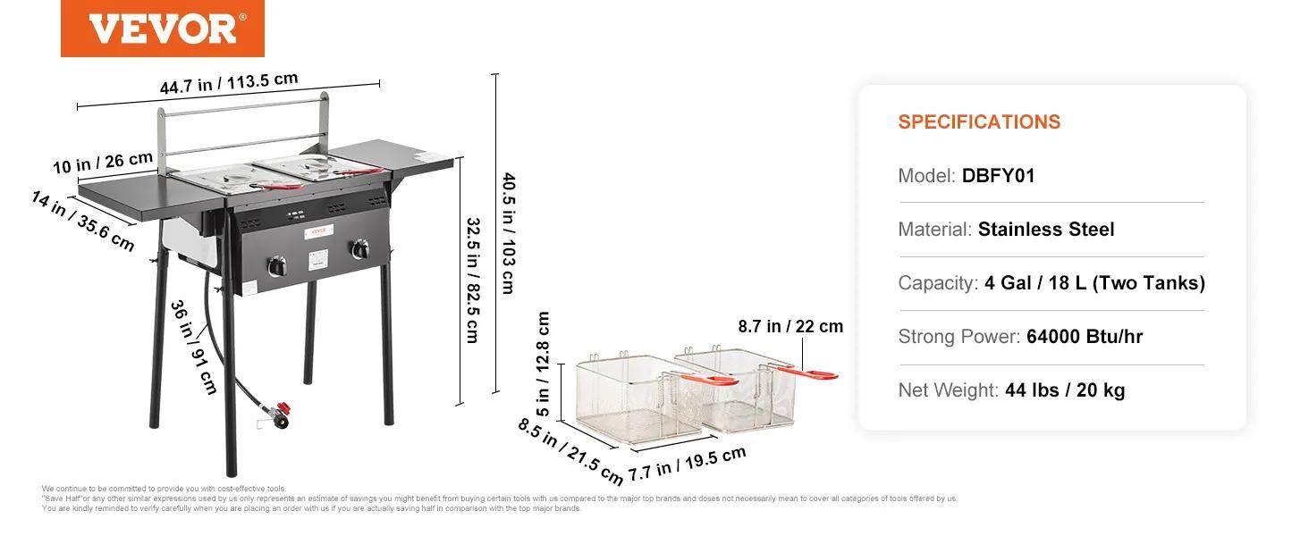 【Summervibes】VEVOR Outdoor Propane Deep Fryer, Double Burners Commercial Fryer, 16 Qt Stainless Steel Cooker with Removable Baskets & Lids & Tanks, Oil Fryer Cart with Thermometer & Regulator, For Outdoor Cooking 【Summervibes】VEVOR Outdoor Propane Deep Fryer, Double Burners Commercial Fryer, 16 Qt Stainless Steel Cooker with Removable Baskets & Lids & Tanks, Oil Fryer Cart with Thermometer & Regulator, For Outdoor Cooking
