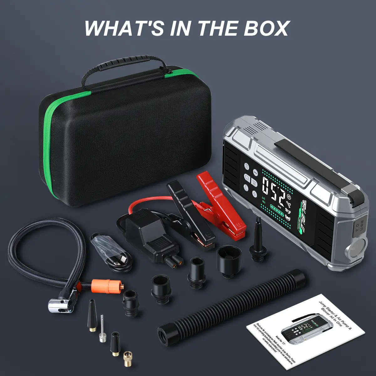 Arrancador de coches portátil de 10000A con compresor de aire, soplador, batería externa (Power Bank) de carga rápida PD de 65W para portátiles, inflador de neumáticos de 150 PSI y kit de arranque para baterías de coche.