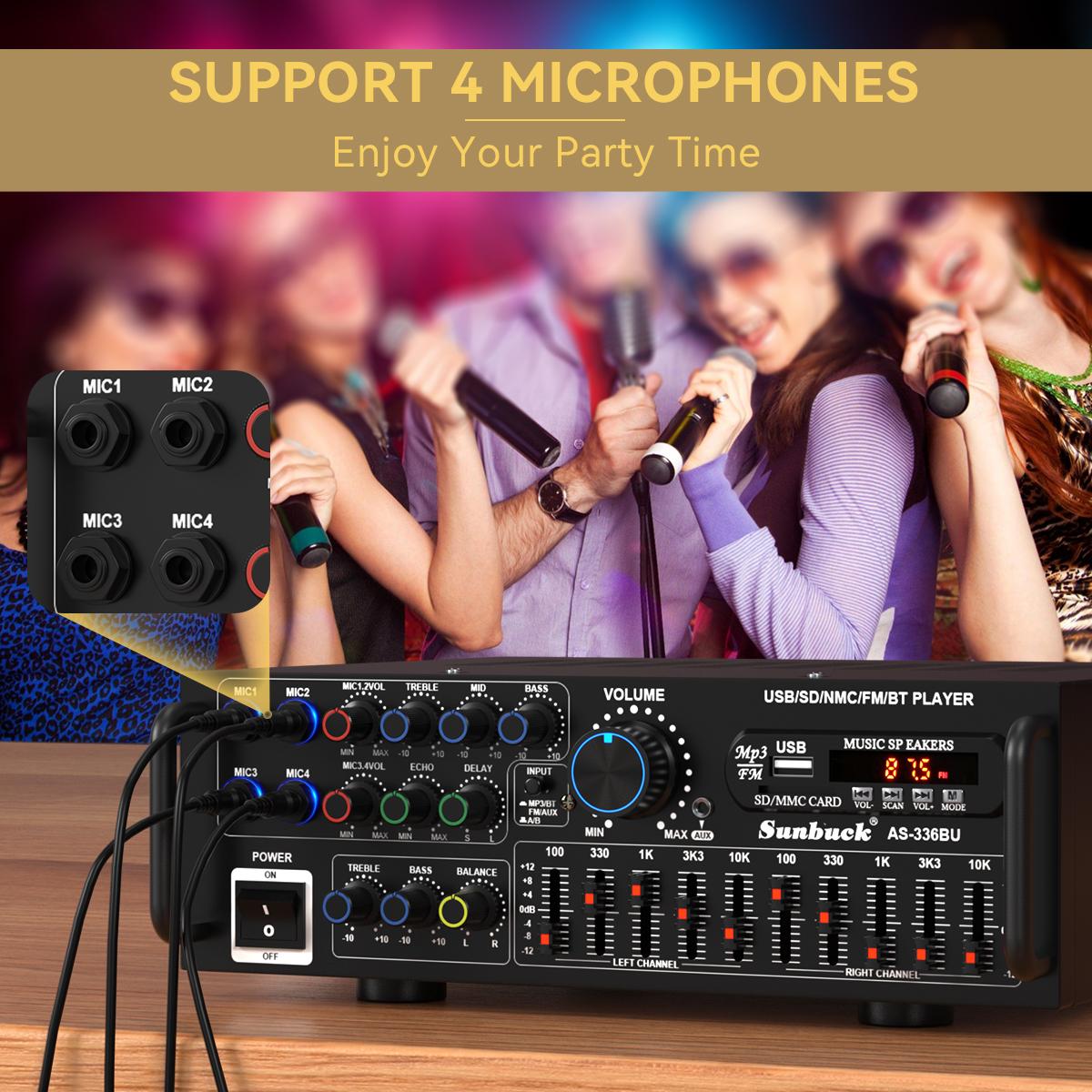 2000W(Peak) Bluetooth 5.0 HiFi Stereo Power Amplifier with Remote Control & 4 Mic Inputs For Home Car Mixer Radio Subwoofer Smartphone Audio Universal Karaoke FM USB SD AUX,
