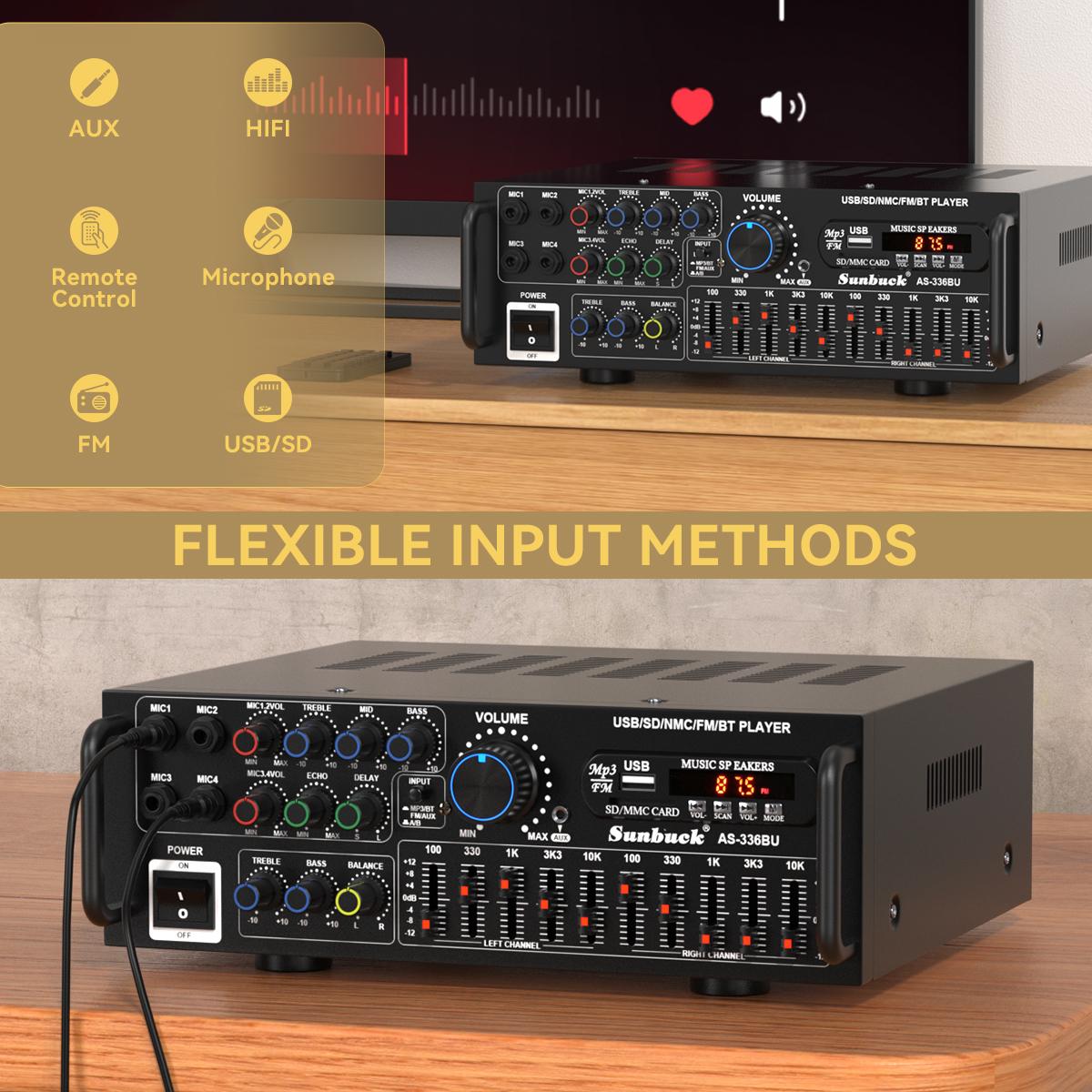 2000W(Peak) Bluetooth 5.0 HiFi Stereo Power Amplifier with Remote Control & 4 Mic Inputs For Home Car Mixer Radio Subwoofer Smartphone Audio Universal Karaoke FM USB SD AUX,