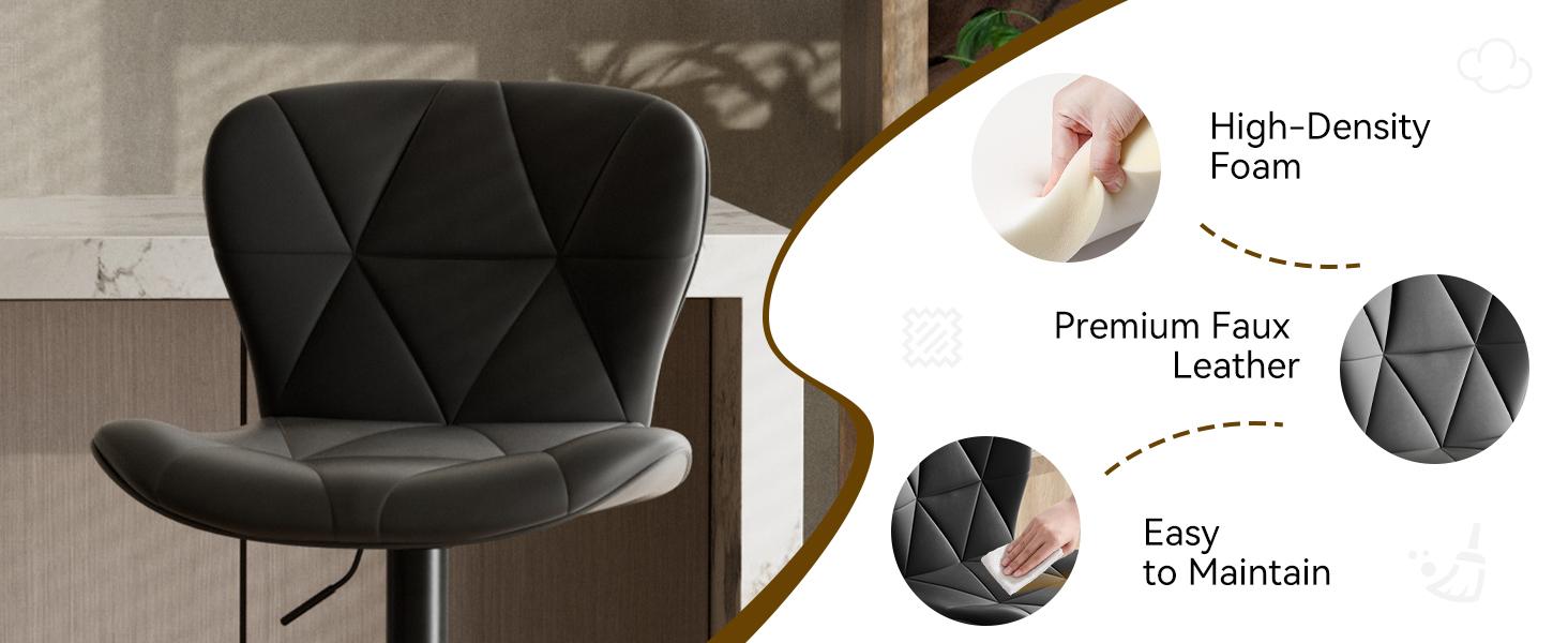 Modern Bar Stools, Adjustable Faux Leather Upholstered Swivel Bar Stools, Counter Height Bar Chairs with Back for Kitchen Island, Black Modern Bar Stools, Adjustable Faux Leather Upholstered Swivel Bar Stools, Counter Height Bar Chairs with Back for Kitchen Island, Black