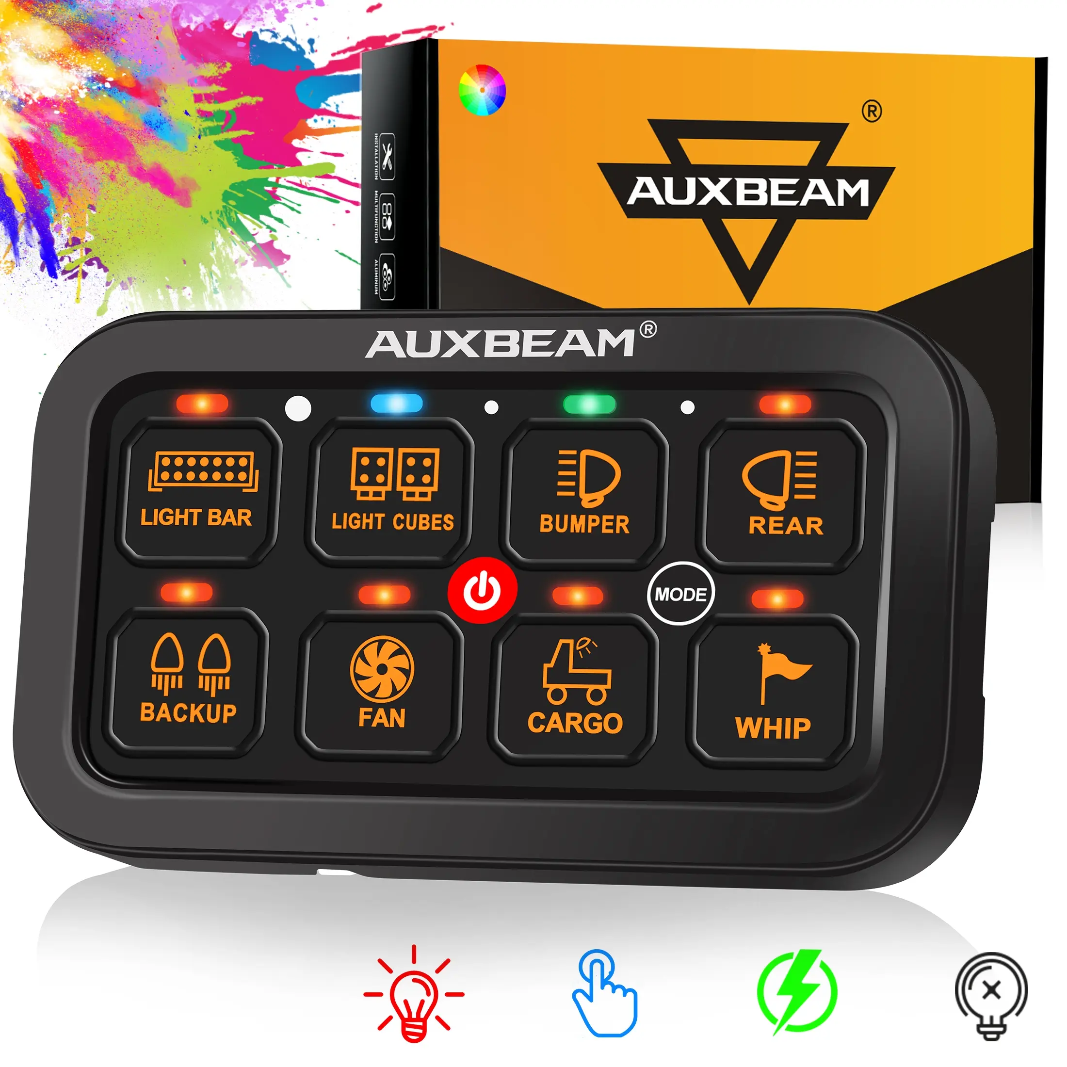 Panel de interruptores RGB de 8 vías con modos de palanca, momentáneo y pulsado; retroiluminación RGB, cubierta impermeable y apagado manual de la luz de fondo; compatible con DC 12-24V para luces LED e iluminación exterior — Regalo para el Día del Padre