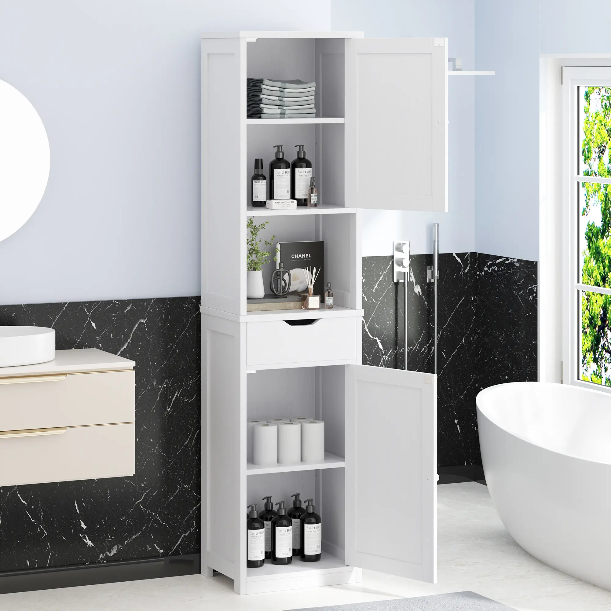 Armario alto para baño, mueble esquinero de almacenamiento lateral para cocina con estantes ajustables; mobiliario compacto para toallas, champús y artículos de limpieza; armario alto y estrecho de pie para el hogar; versátil despensa estilo rústico (Farm