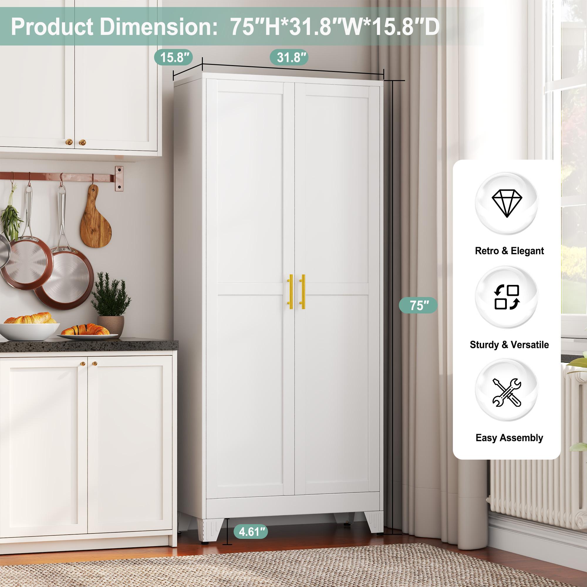 75.2" Tall Pantry Cabinet, Kitchen Pantry Storage Cabinets with 2 Door and 5 Adjustable Shelves, White Metal Pantry Storage Cabinet, Cupboard for Kitchen, Dining Room, Living Room and Bathroom Organizer 75.2" Tall Pantry Cabinet, Kitchen Pantry Storage Cabinets with 2 Door and 5 Adjustable Shelves, White Metal Pantry Storage Cabinet, Cupboard for Kitchen, Dining Room, Living Room and Bathroom Organizer