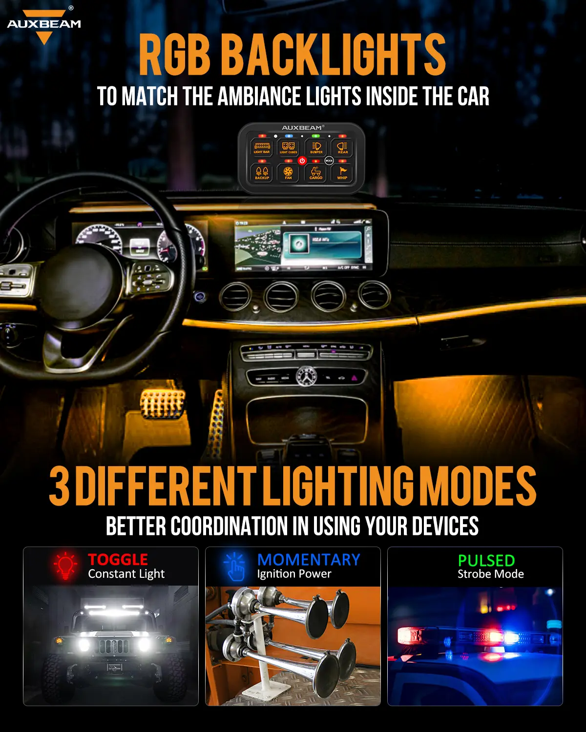Panel de interruptores RGB de 8 vías con modos de palanca, momentáneo y pulsado; retroiluminación RGB, cubierta impermeable y apagado manual de la luz de fondo; compatible con DC 12-24V para luces LED e iluminación exterior — Regalo para el Día del Padre