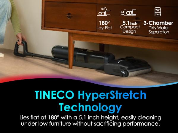 TINECO S7 Stretch Ultra Cordless Wet Dry Floor Vacuum Cleaner, 180&deg; Lay-Flat Anti-Tangle Design, 50-Minute Runtime, 185℉ Flashdry Self-Cleaning, Dual-Sided Edge Cleaning Function