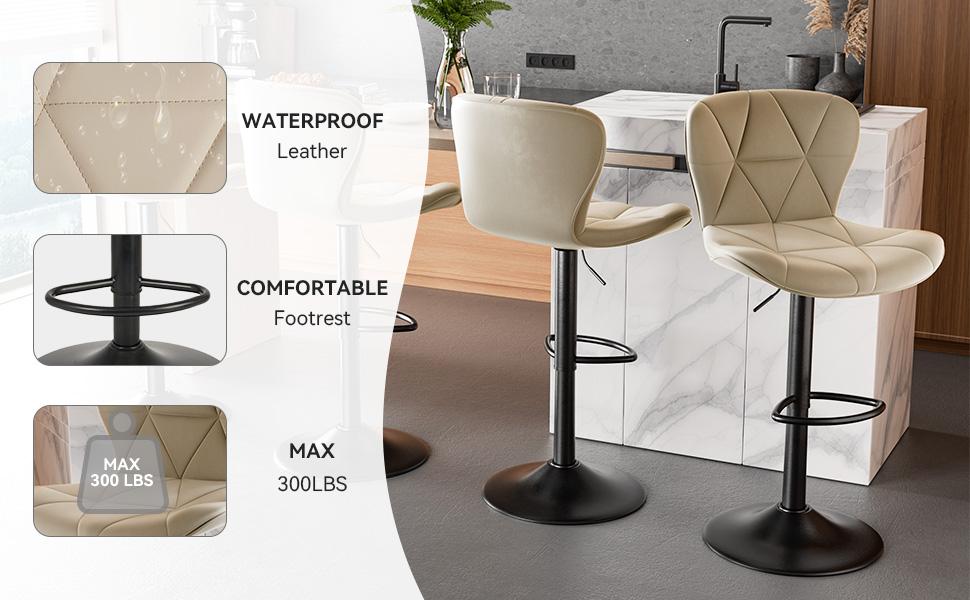 Modern Bar Stools, Adjustable Faux Leather Upholstered Swivel Bar Stools, Counter Height Bar Chairs with Back for Kitchen Island, Black Modern Bar Stools, Adjustable Faux Leather Upholstered Swivel Bar Stools, Counter Height Bar Chairs with Back for Kitchen Island, Black