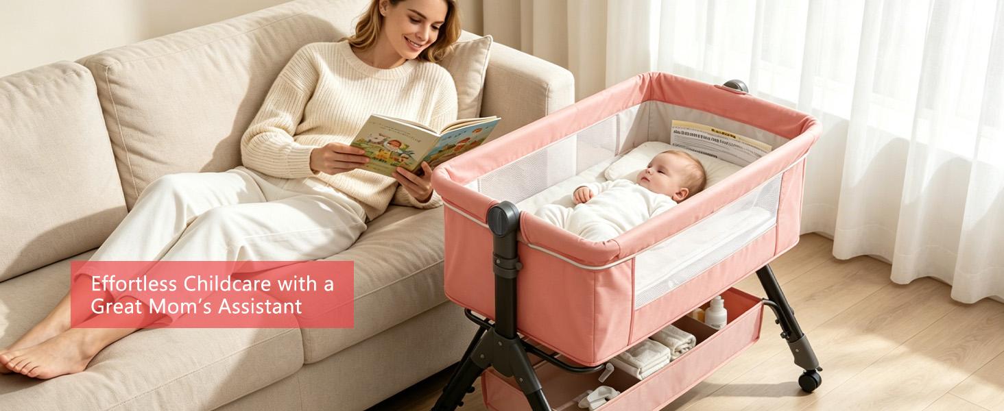 Baby Bassinet Crib, Crib for Infant&Newborn, Bedside Sleeper with Storage Basket and Mosquito Net, Easy to Fold, Height Adjustable, Portable Side Bed Crib