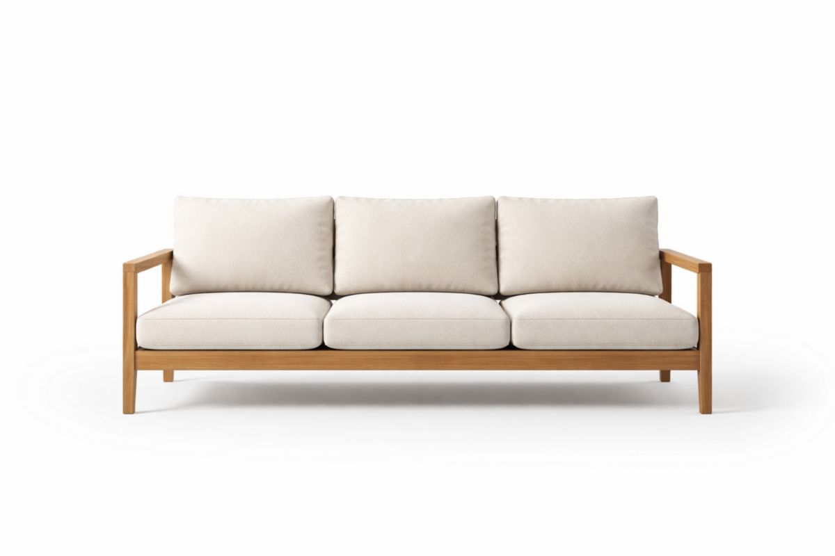 Dreier-Sofa aus Holz und Polyester in Creme