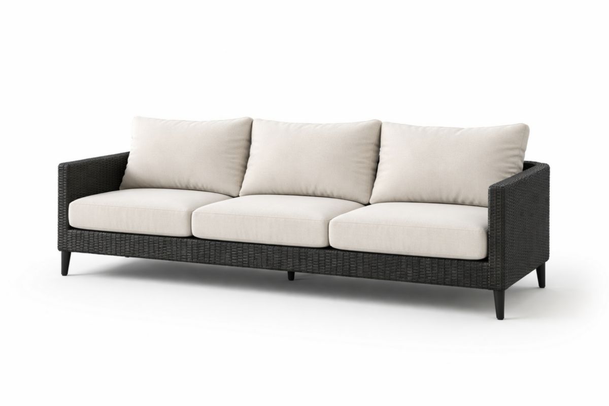 3-Sitzer Sofa Polyrattan Schwarz Beige Polyesterkissen