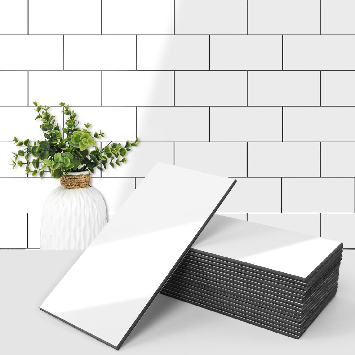 102-Piece Peel and Stick Wall Tile for Kitchen Backsplash, Bathroom, Fireplace, 3in. × 6in. Stick on Subway Tile, Glossy White