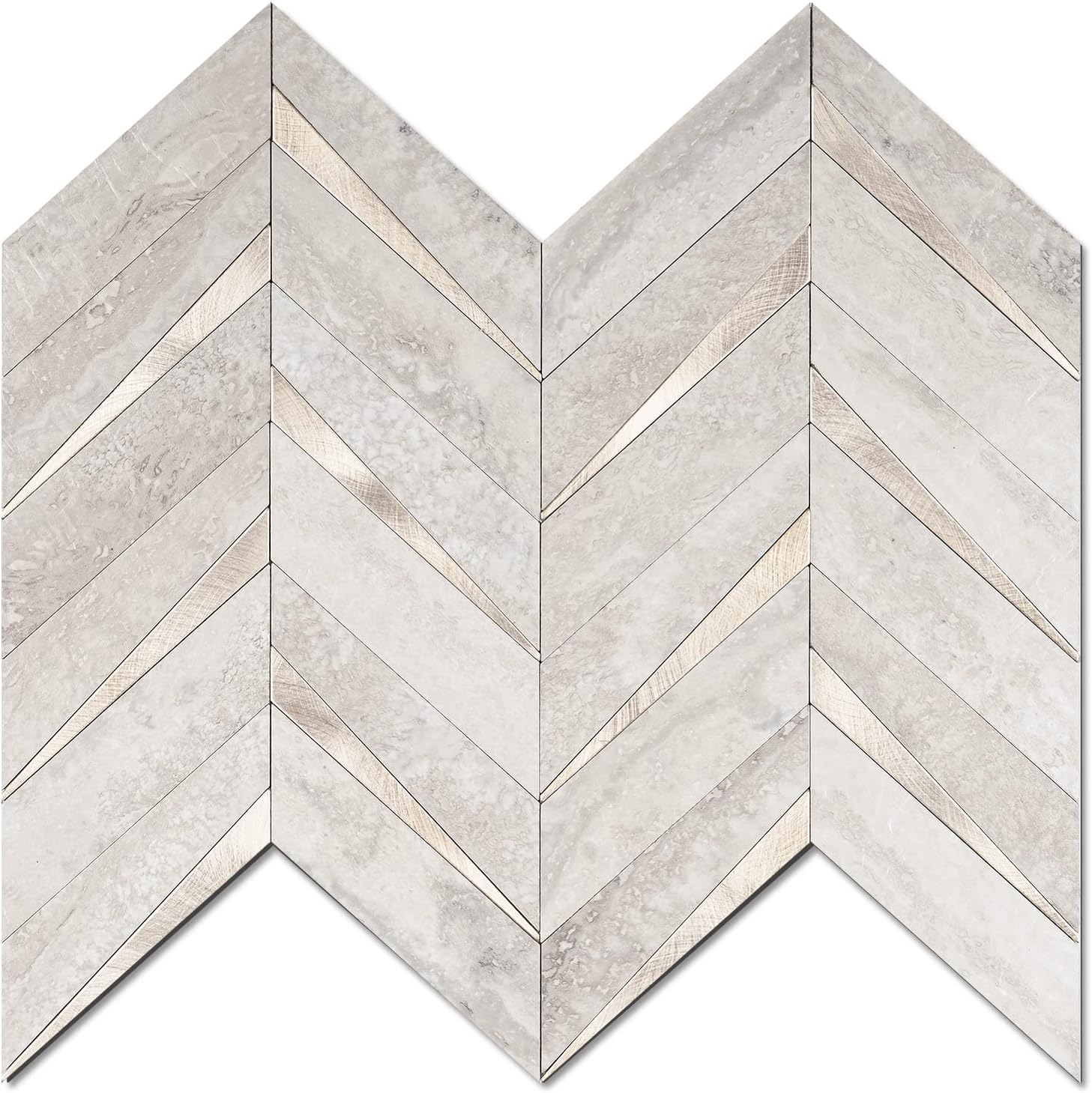 10-Sheet Herringbone Tile Peel and Stick Backsplash, Beige Mixed Metal Gold PVC Stick on Backsplash, Self Adhesive Wall Tile for Kitchen and Bathroom