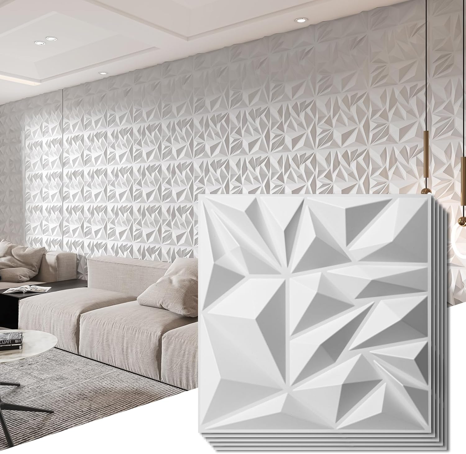 33-Pack 3D Wall Panels for Interior Wall Decor, Modern Diamond Textured Accent Wall Paneling for Gaming Living Room TV Wall Background, 12 x 12 inch White