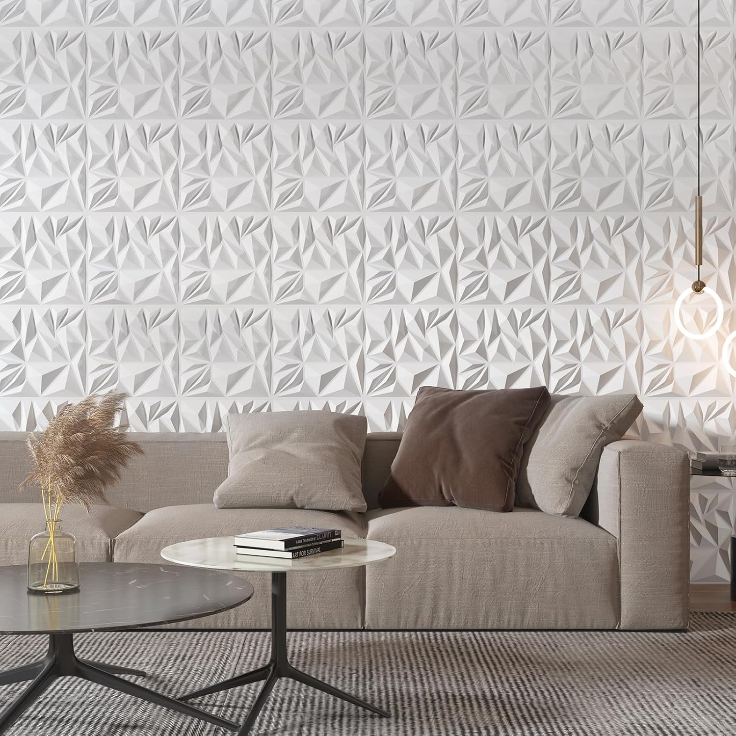 33-Pack 3D Wall Panels for Interior Wall Decor, Modern Diamond Textured Accent Wall Paneling for Gaming Living Room TV Wall Background, 12 x 12 inch White