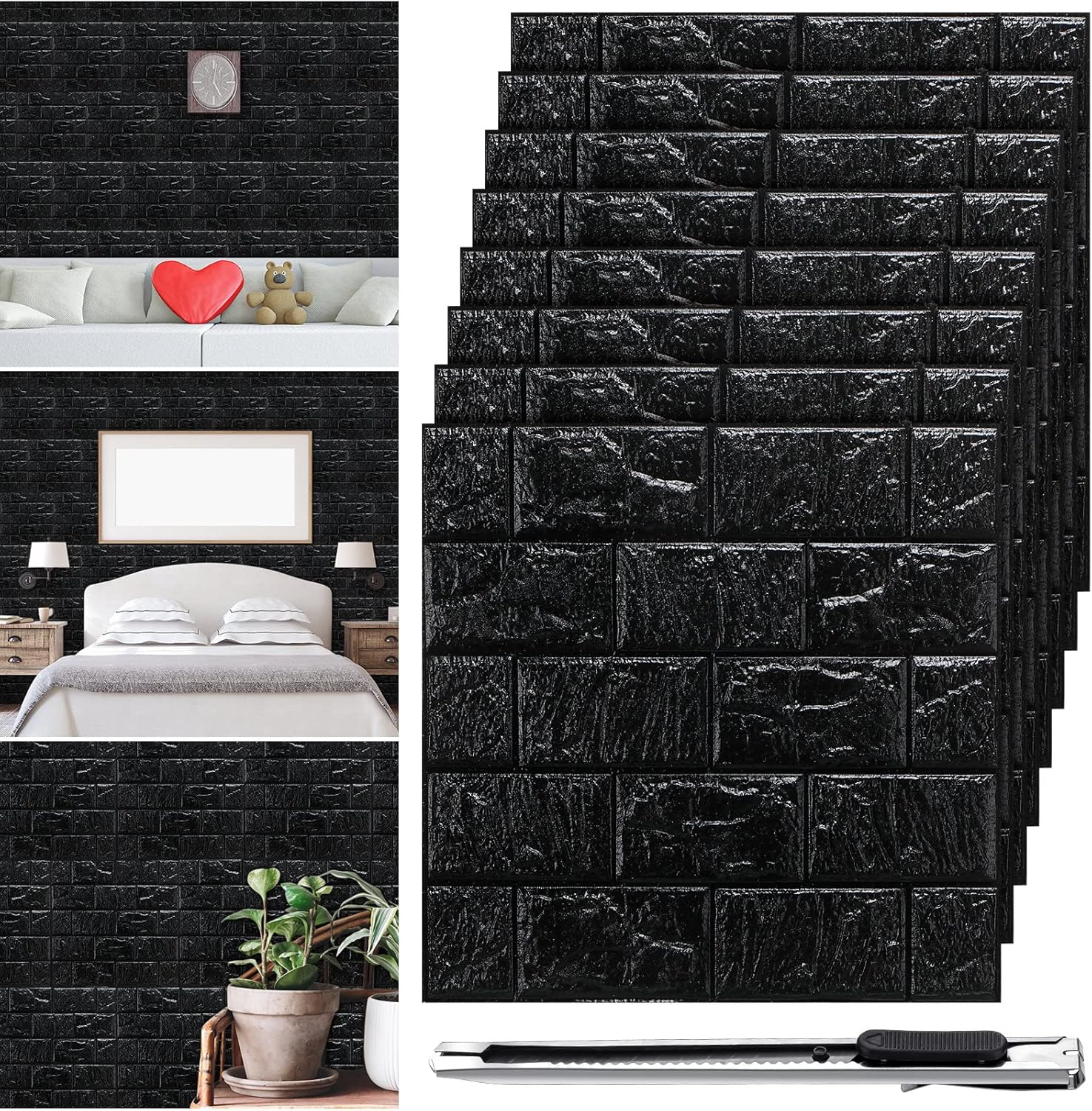 30 Pcs 28.81 Sq ft 3D Wall Panels Peel and Stick Foam Brick Wallpaper Printable Faux Brick Wall Panels Decorative Self Adhesive Tiles Waterproof(Black)