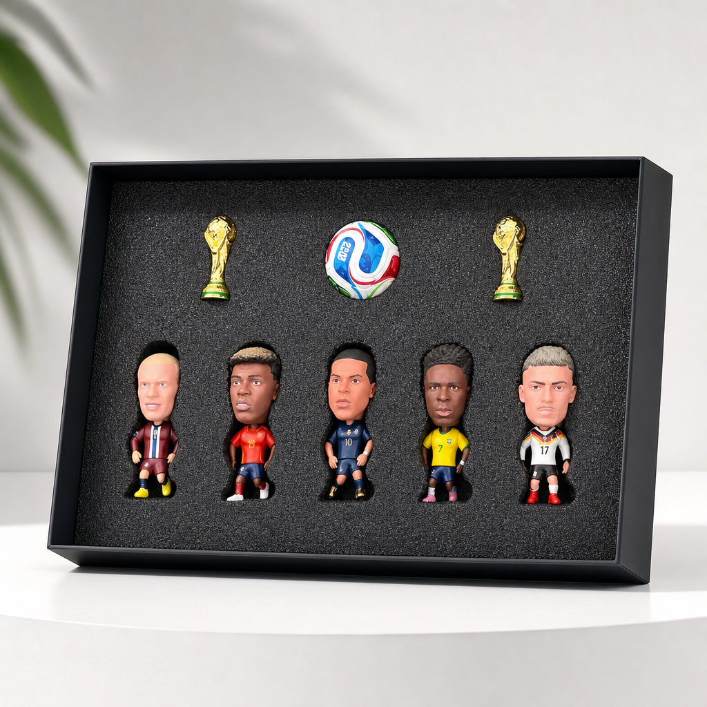 Offsideclub Premium World Cup Soccer Star Figure Gift Set - Collectible Mini Footballer Dolls with Replica Trophy & Match Ball, Deluxe Fan Memorabilia Display Box