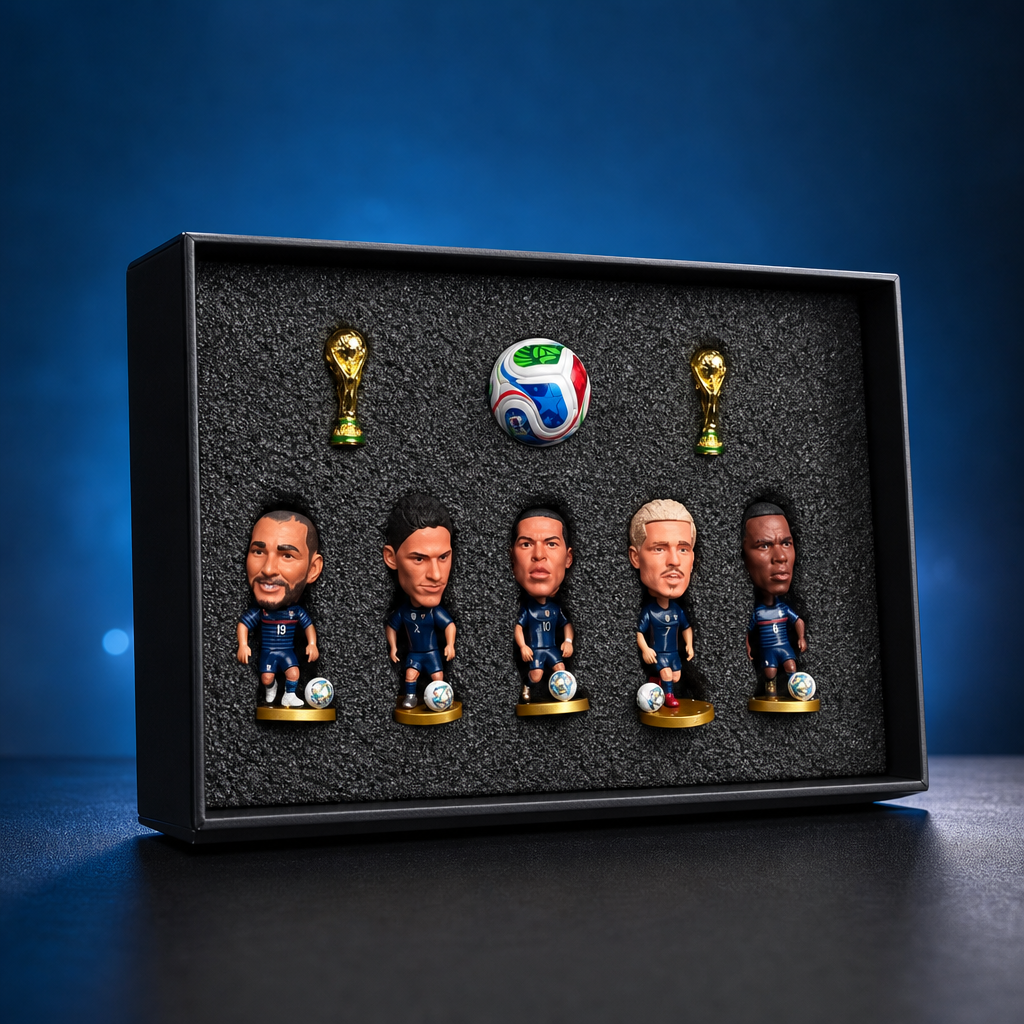 Offsideclub Premium World Cup Soccer Star Figure Gift Set - Collectible Mini Footballer Dolls with Replica Trophy & Match Ball, Deluxe Fan Memorabilia Display Box