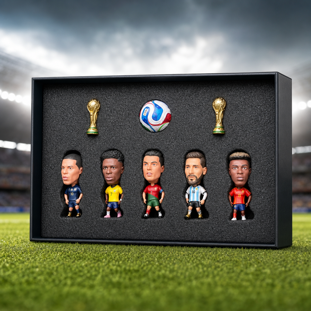Offsideclub Premium World Cup Soccer Star Figure Gift Set - Collectible Mini Footballer Dolls with Replica Trophy & Match Ball, Deluxe Fan Memorabilia Display Box