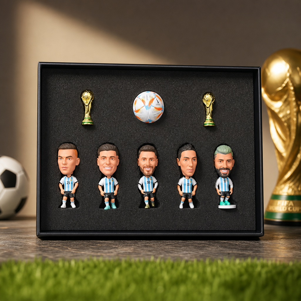 Offsideclub Premium World Cup Soccer Star Figure Gift Set - Collectible Mini Footballer Dolls with Replica Trophy & Match Ball, Deluxe Fan Memorabilia Display Box