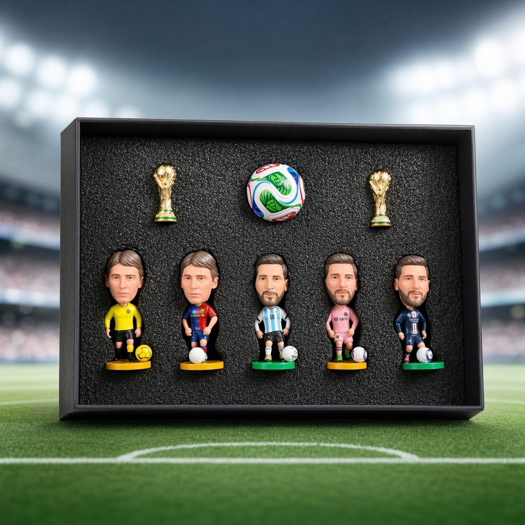 Offsideclub Premium World Cup Soccer Star Figure Gift Set - Collectible Mini Footballer Dolls with Replica Trophy & Match Ball, Deluxe Fan Memorabilia Display Box