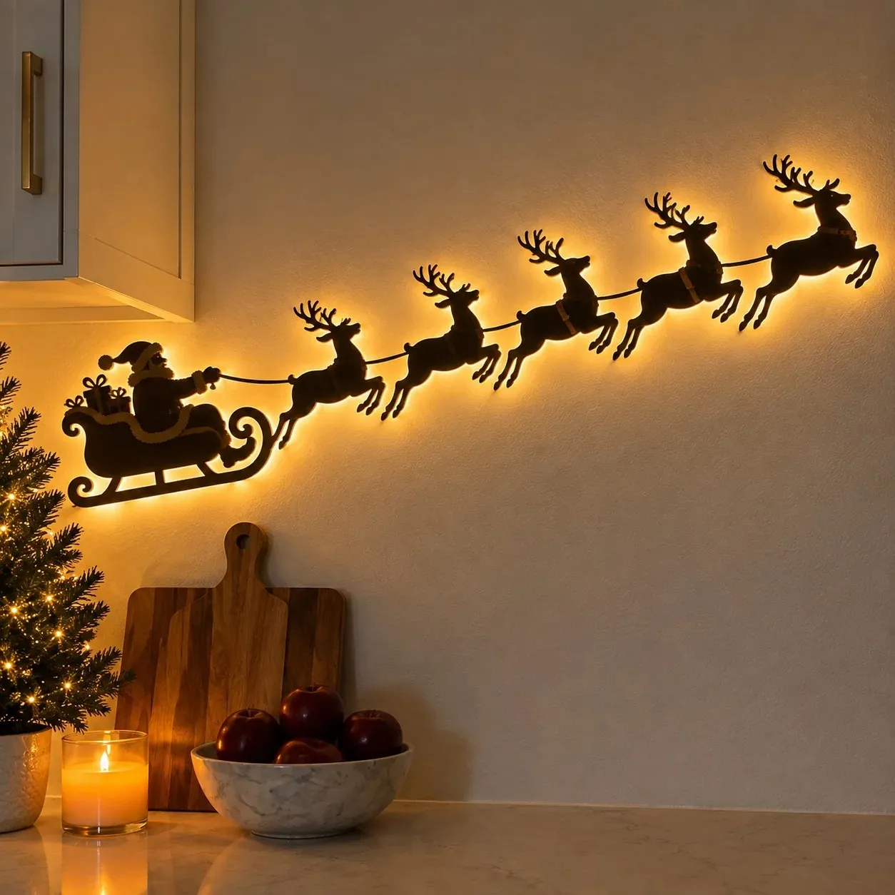 🦌Santa Sleigh & 6 Reindeer LED Wall Display- Warm Christmas Glow