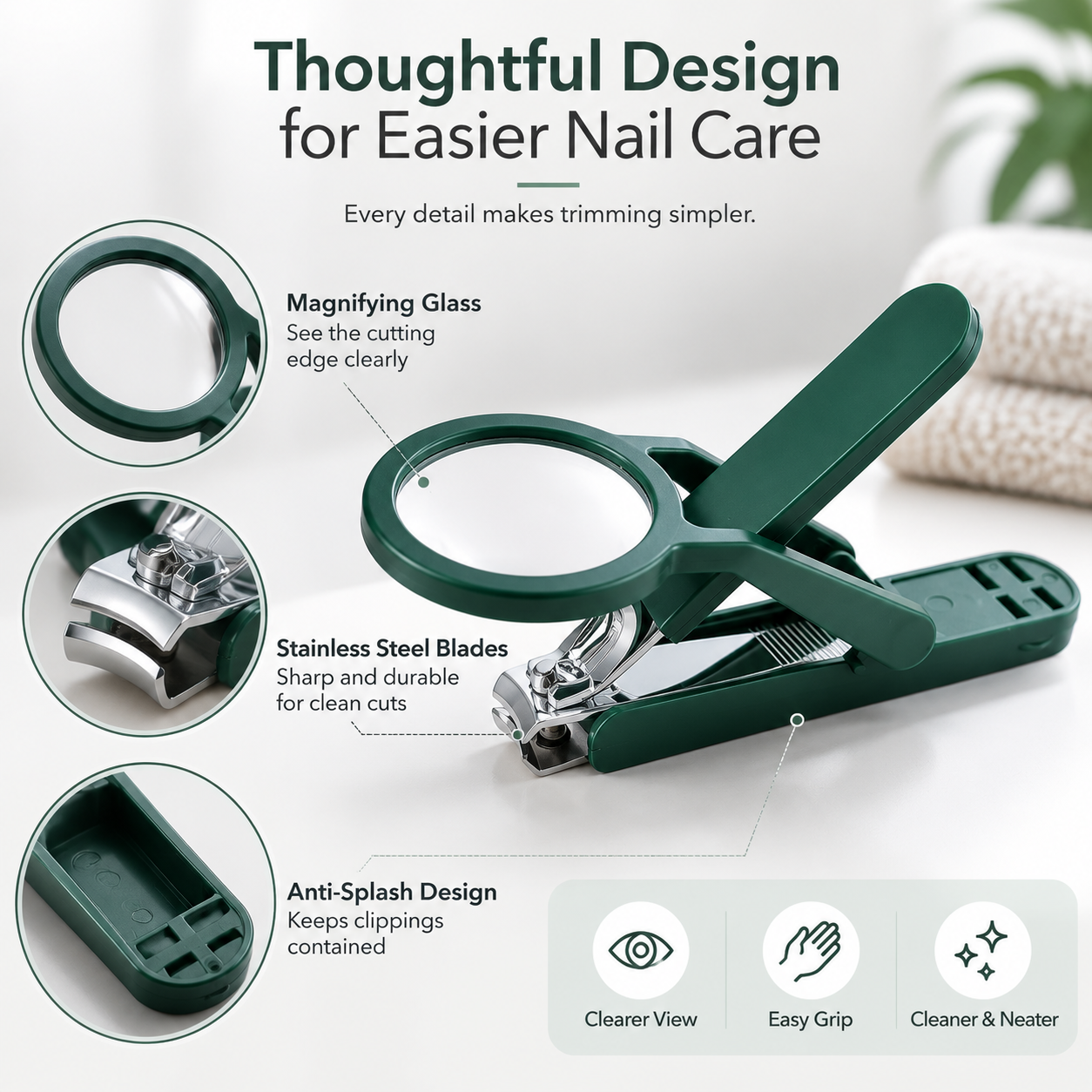 Magnifying nail clipper features