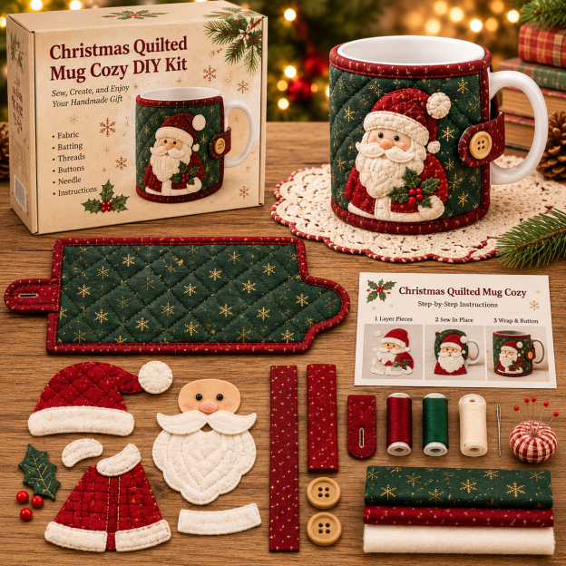 🔥LAST DAY Promotion 49% OFF-Christmas Mug Cozy Sewing Kit – 6 Festive Appliqué Designs