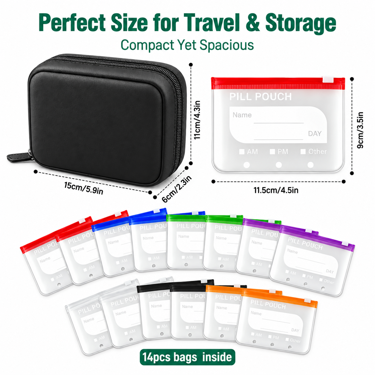💊A8 Waterproof 14-Pouch Weekly Pill Organizer, Color-Coded Travel Storage for Vitamins & Supplements