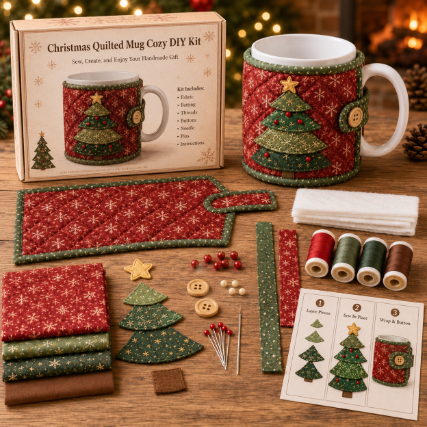 🔥LAST DAY Promotion 49% OFF-Christmas Mug Cozy Sewing Kit – 6 Festive Appliqué Designs