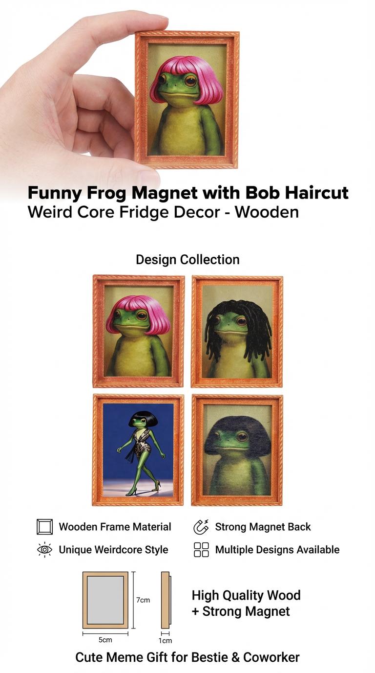 Funny Frog Magnet with Bob Haircut - Weird Core Fridge Decor - Cute Meme Gift for Bestie & Coworker Wooden