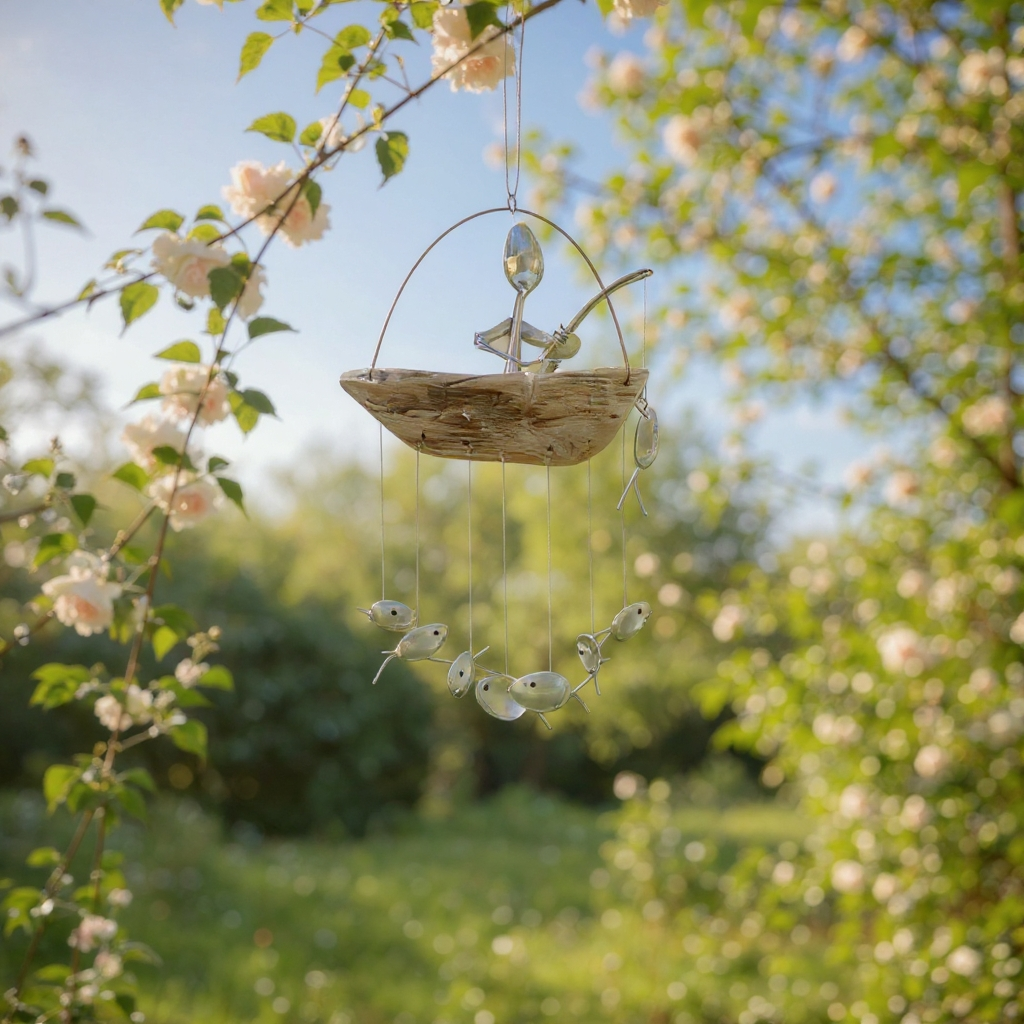 ❤Handmade Fishing Man Spoon Fish Sculpture Wind Chime