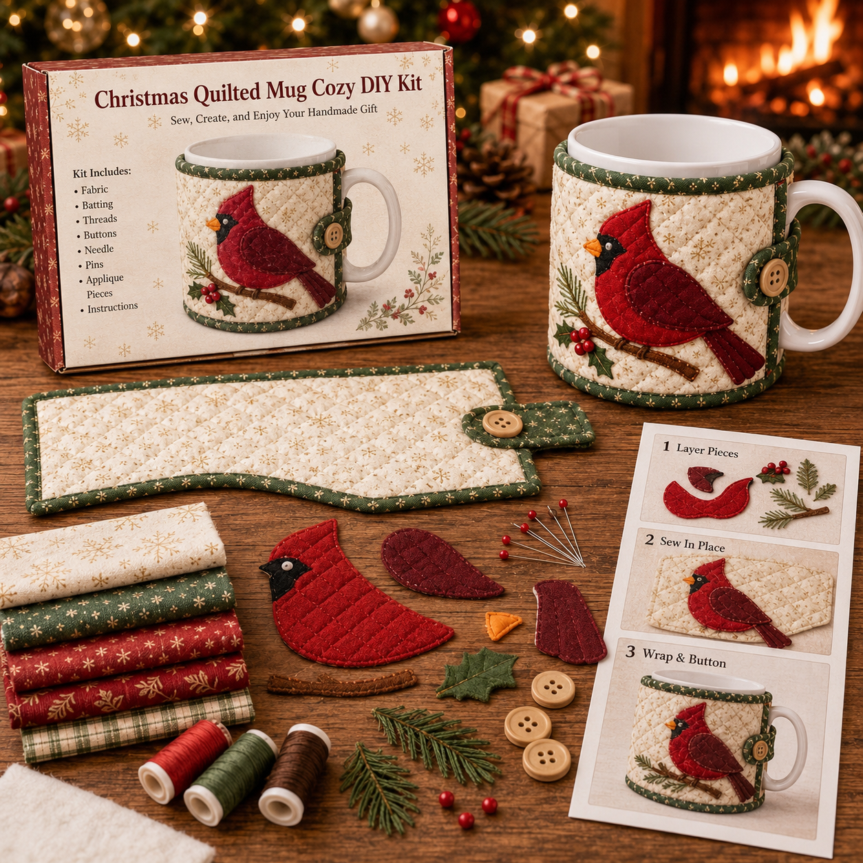 🔥LAST DAY Promotion 49% OFF-Christmas Mug Cozy Sewing Kit – 6 Festive Appliqué Designs