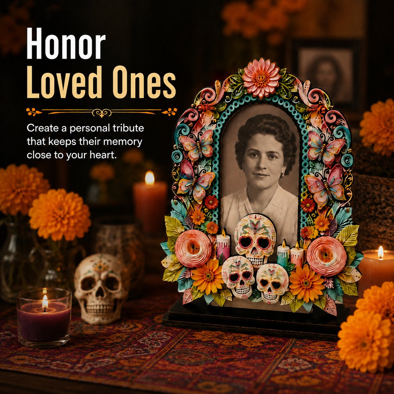 Día de los Muertos memorial photo display honoring loved ones