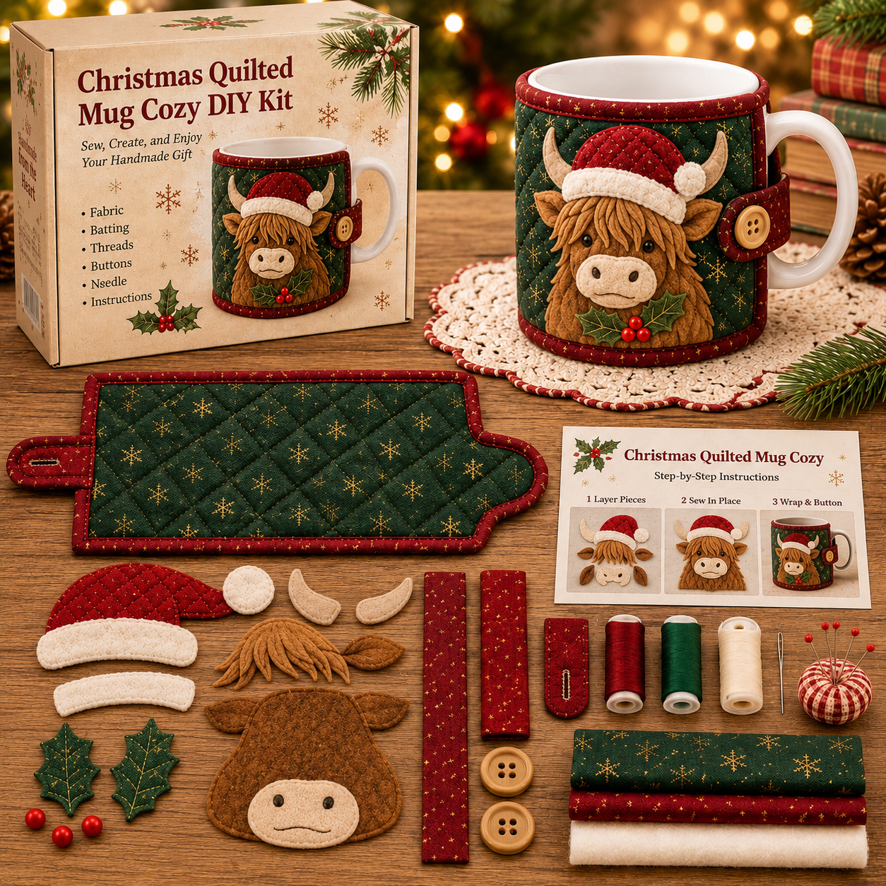 🔥LAST DAY Promotion 49% OFF-Christmas Mug Cozy Sewing Kit – 6 Festive Appliqué Designs