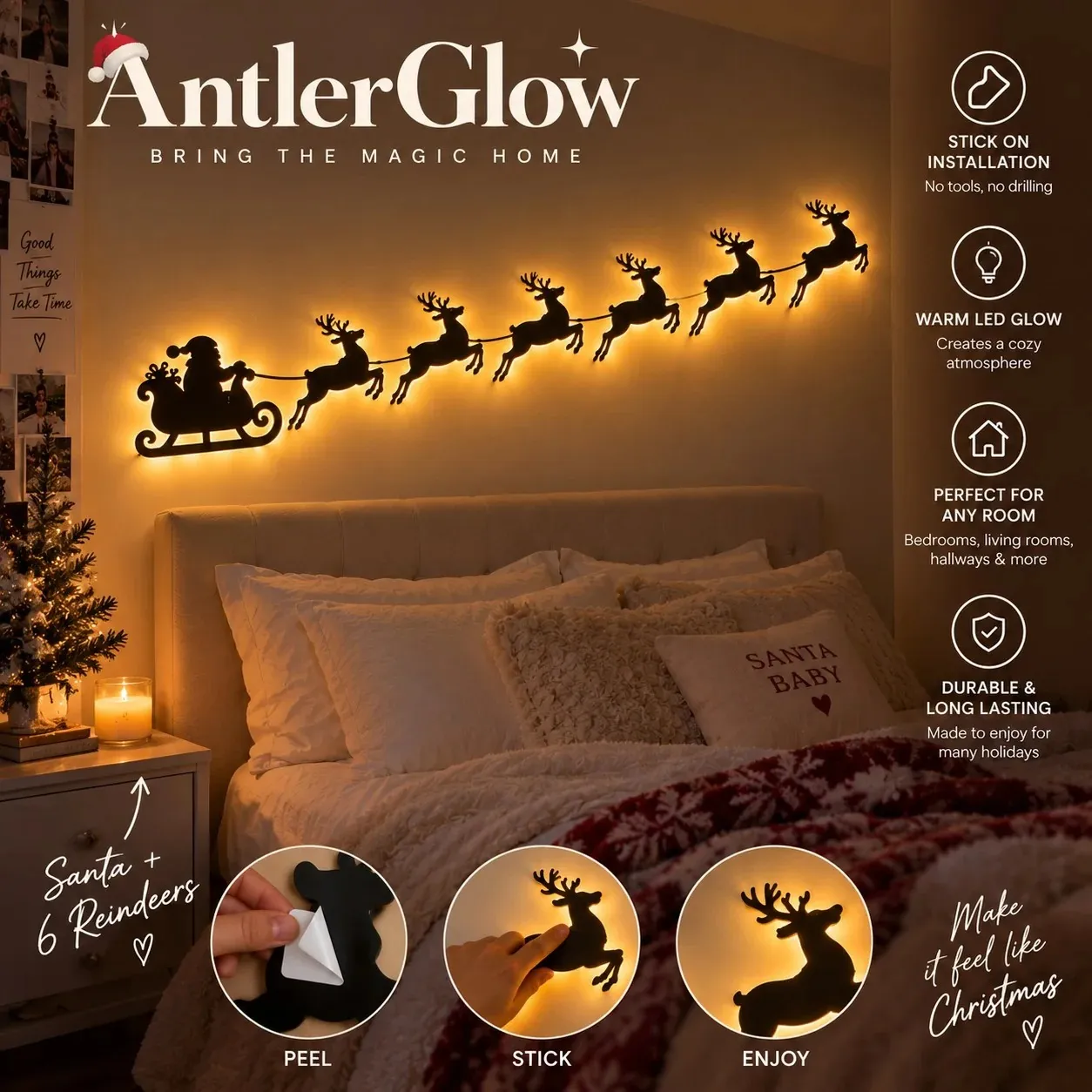 🦌Santa Sleigh & 6 Reindeer LED Wall Display- Warm Christmas Glow